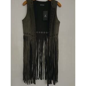 NoLess Faux Suede Long Fringe Vest Women S Olive Green Open Cut Out Western